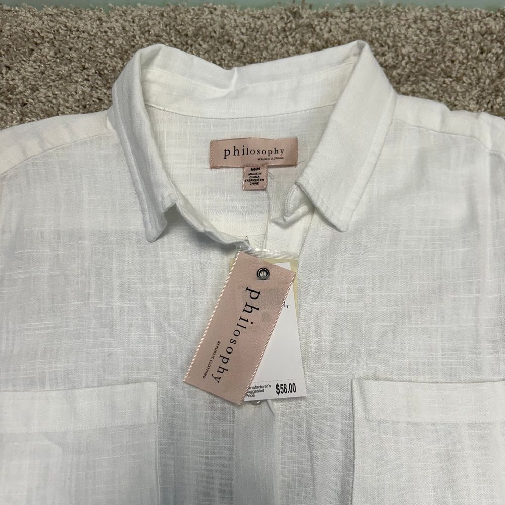 Philosophy Linen Blend Sleeveless Shirt Collared Dress Women Size Medium White - Picture 6 of 9